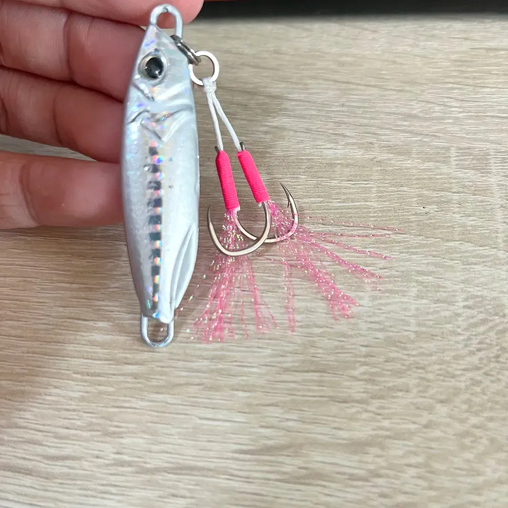 10 Pairs Metal Jig Assist Hook Pink Double Hooks Thread Feather Carbon Steel