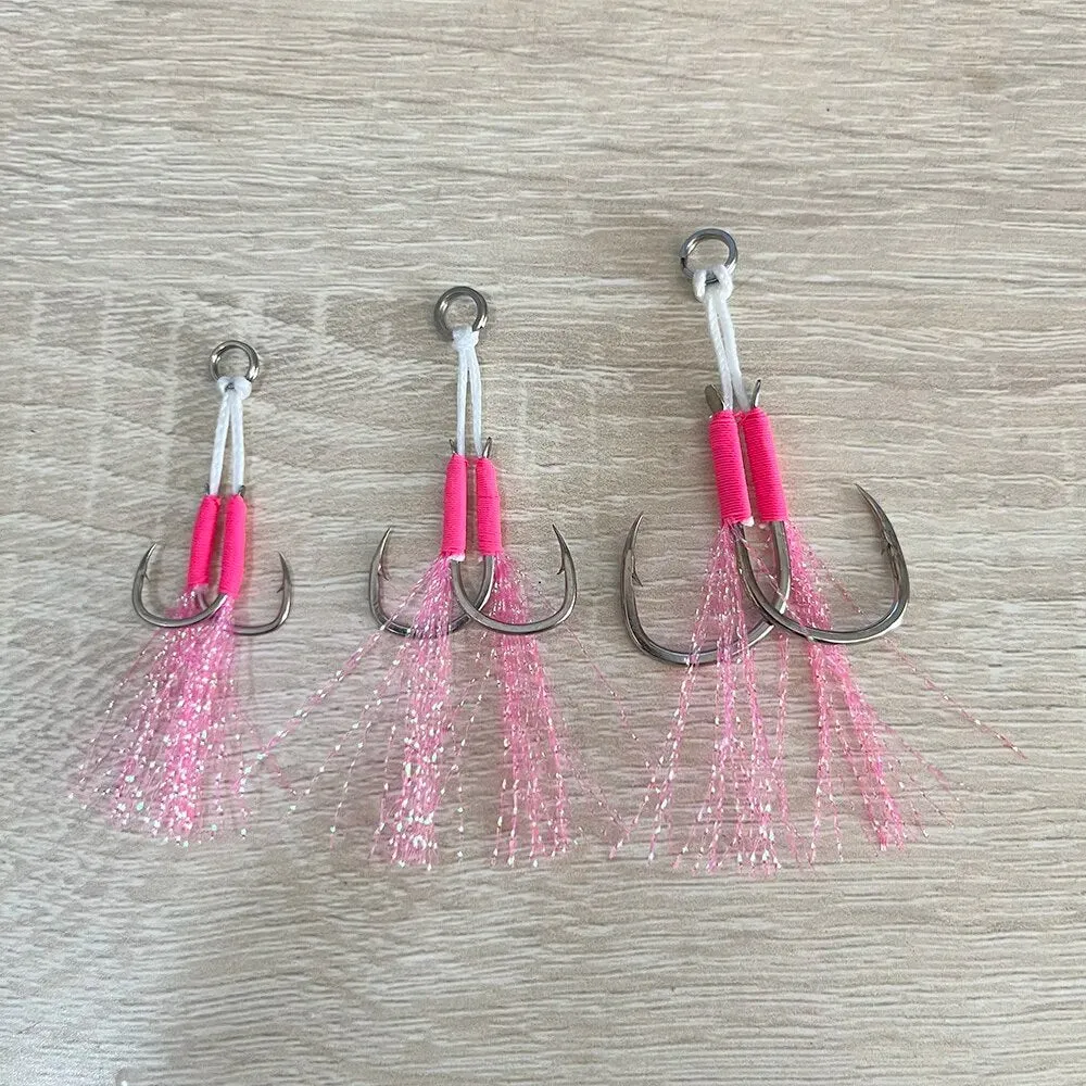 10 Pairs Metal Jig Assist Hook Pink Double Hooks Thread Feather Carbon Steel