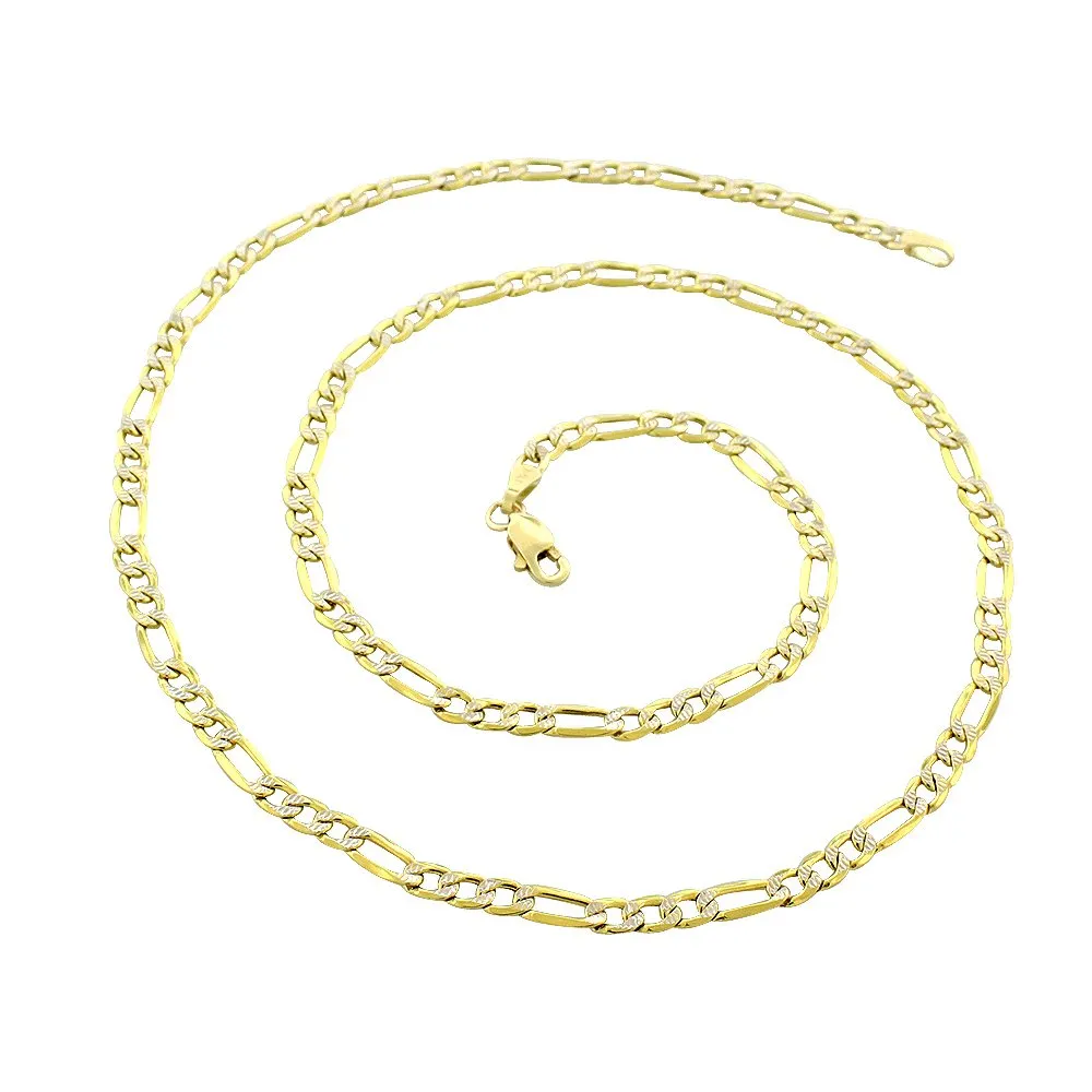 14K Yellow Gold 3mm Hollow Figaro Diamond Cut Pave Link Chain