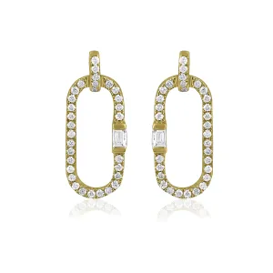 14K Yellow Gold Oval Drop Dangle Earrings with Pavé Diamonds