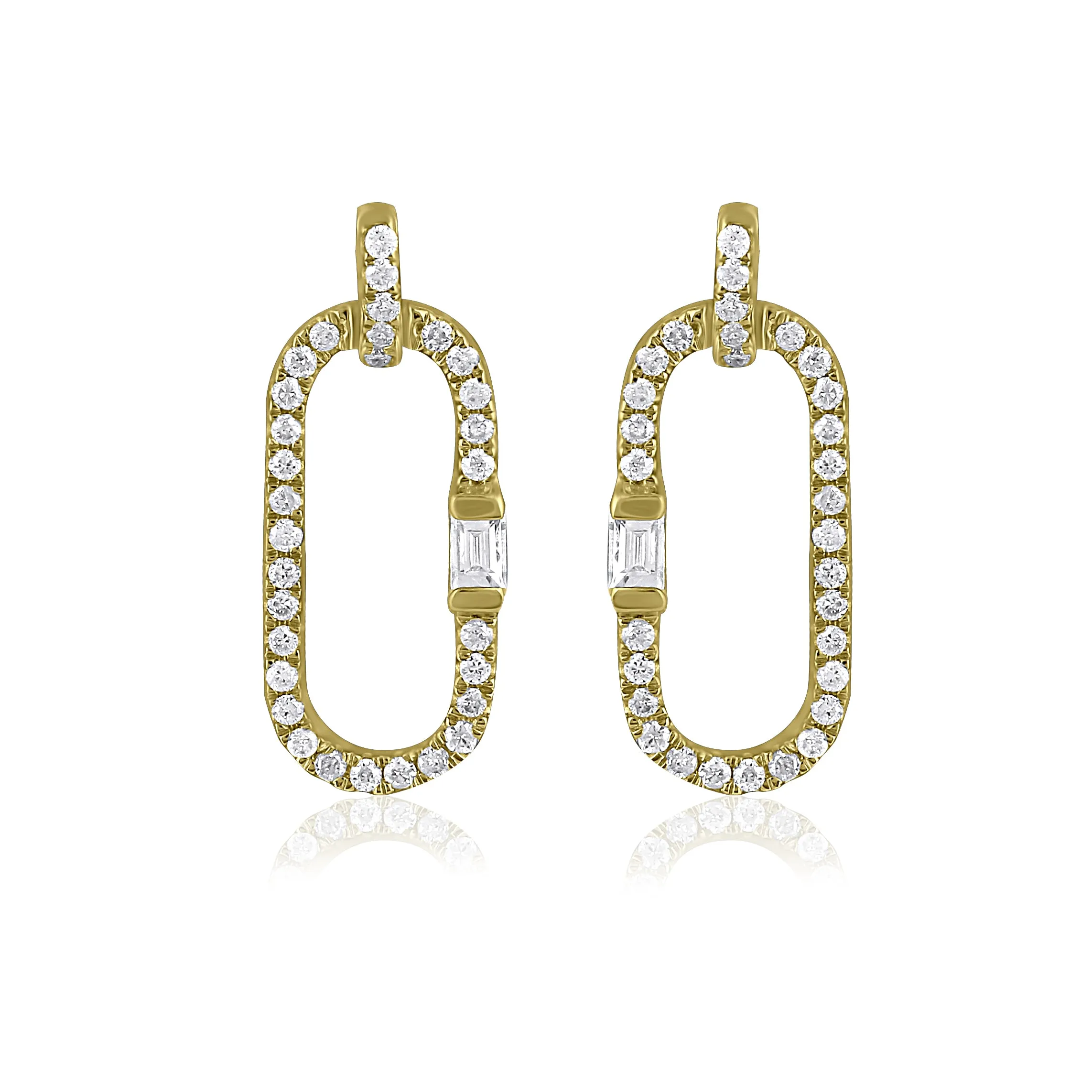 14K Yellow Gold Oval Drop Dangle Earrings with Pavé Diamonds