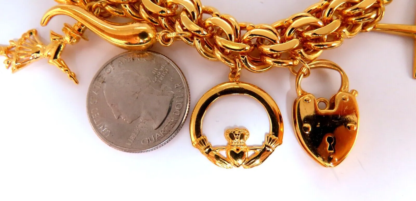 14kt 10 Charm Bracelet Fairy Horn Irish Lock Cross Jade Mary Slipper Heart Dice