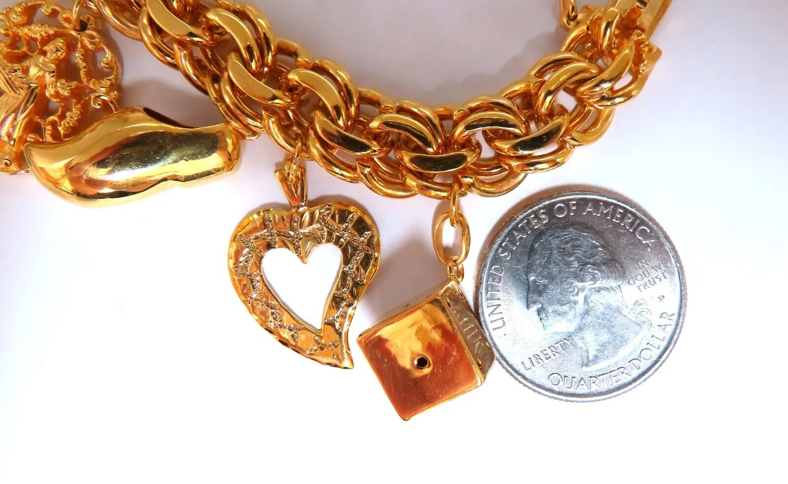 14kt 10 Charm Bracelet Fairy Horn Irish Lock Cross Jade Mary Slipper Heart Dice