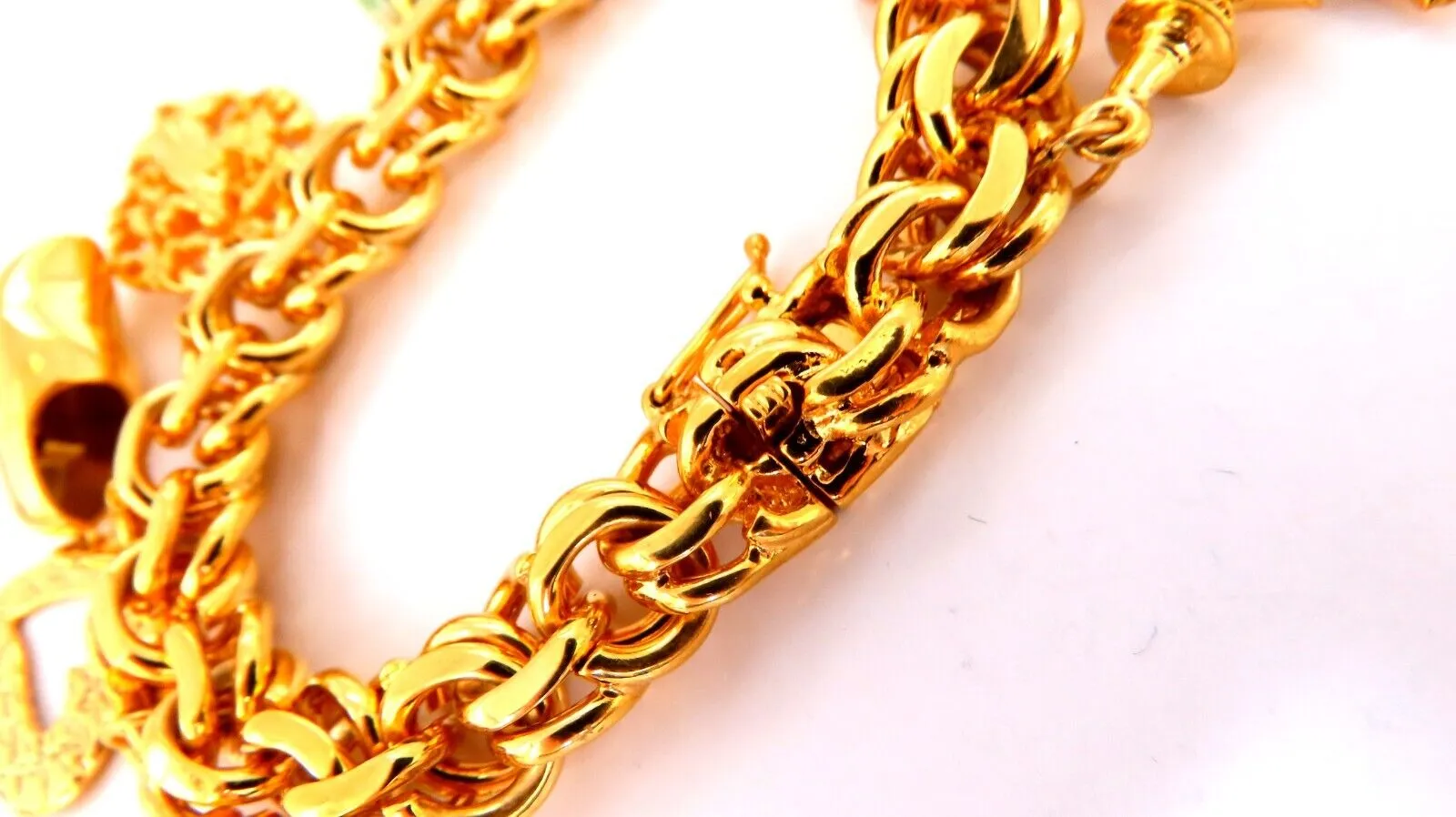 14kt 10 Charm Bracelet Fairy Horn Irish Lock Cross Jade Mary Slipper Heart Dice