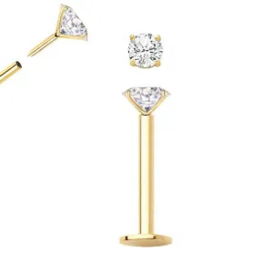 14KT Solid Yellow Gold Push In Threadless Flat Back CZ Labret Tragus Cartilage Stud