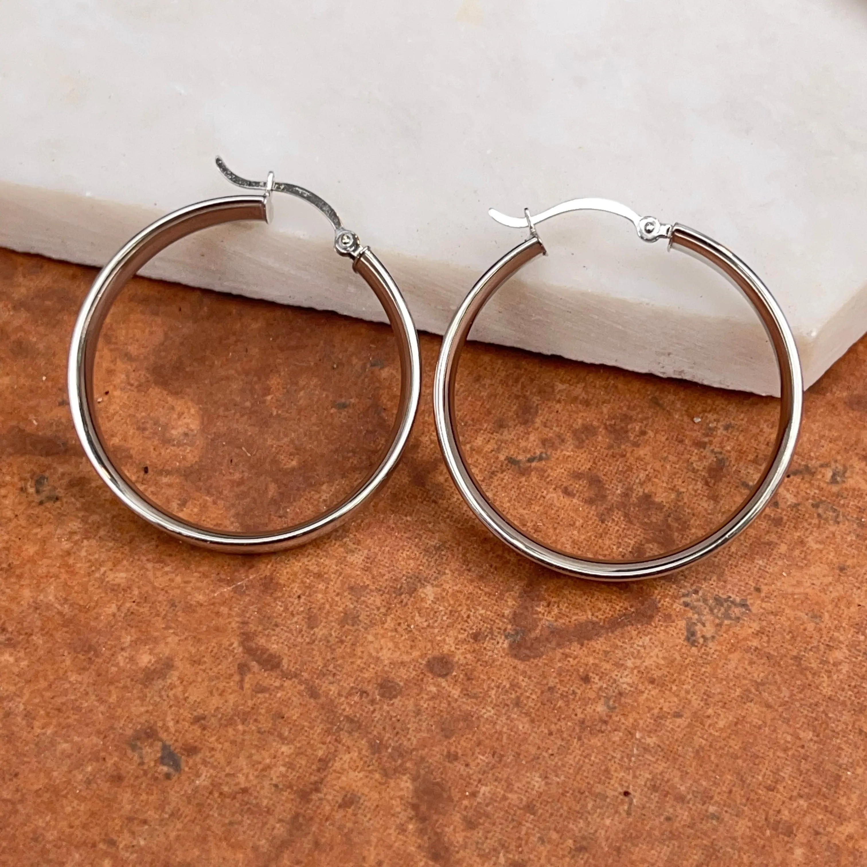 14KT White Gold 5mm Round Tube Hoop Earrings 29mm