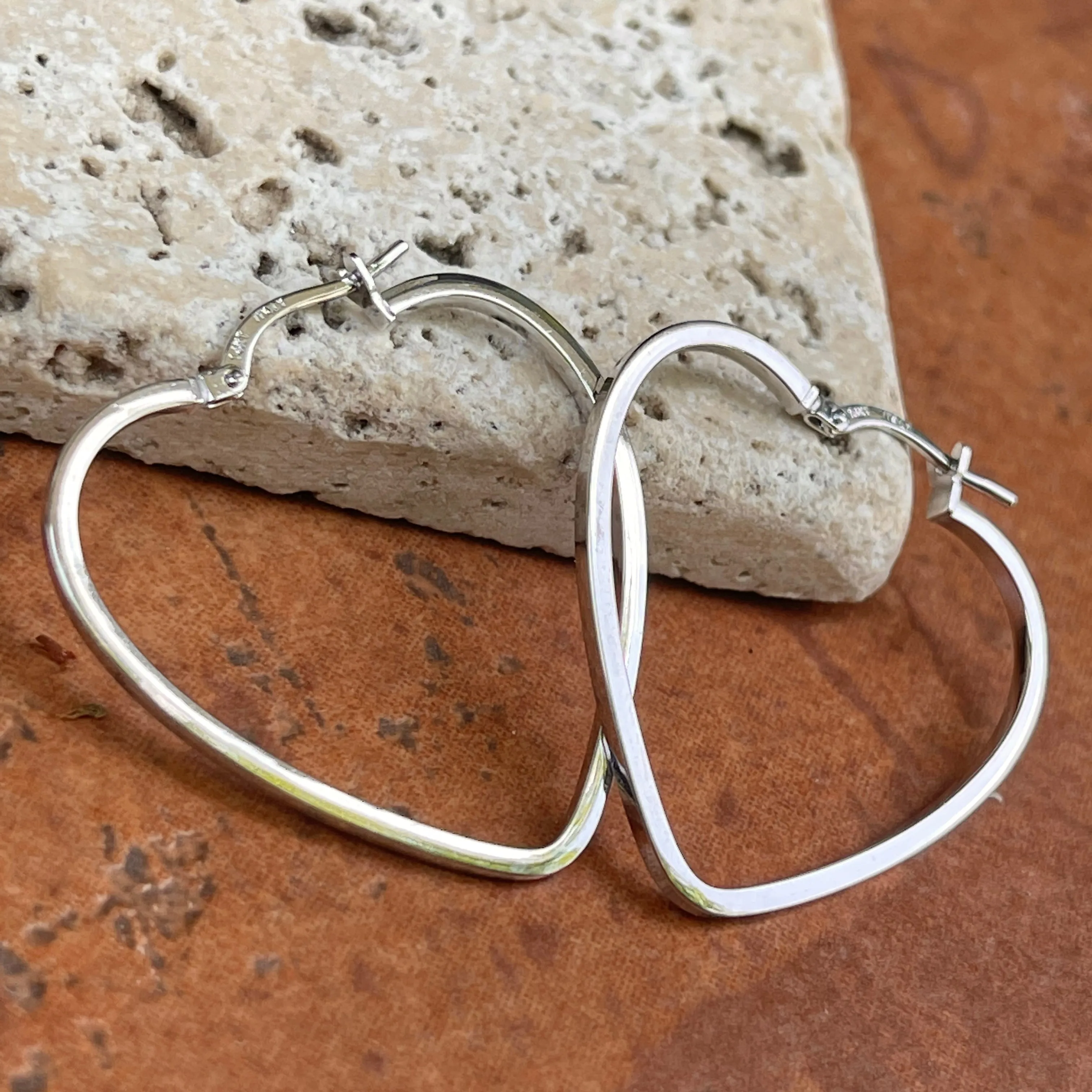 14KT White Gold Thin Open Heart Hoop Earrings 30mm