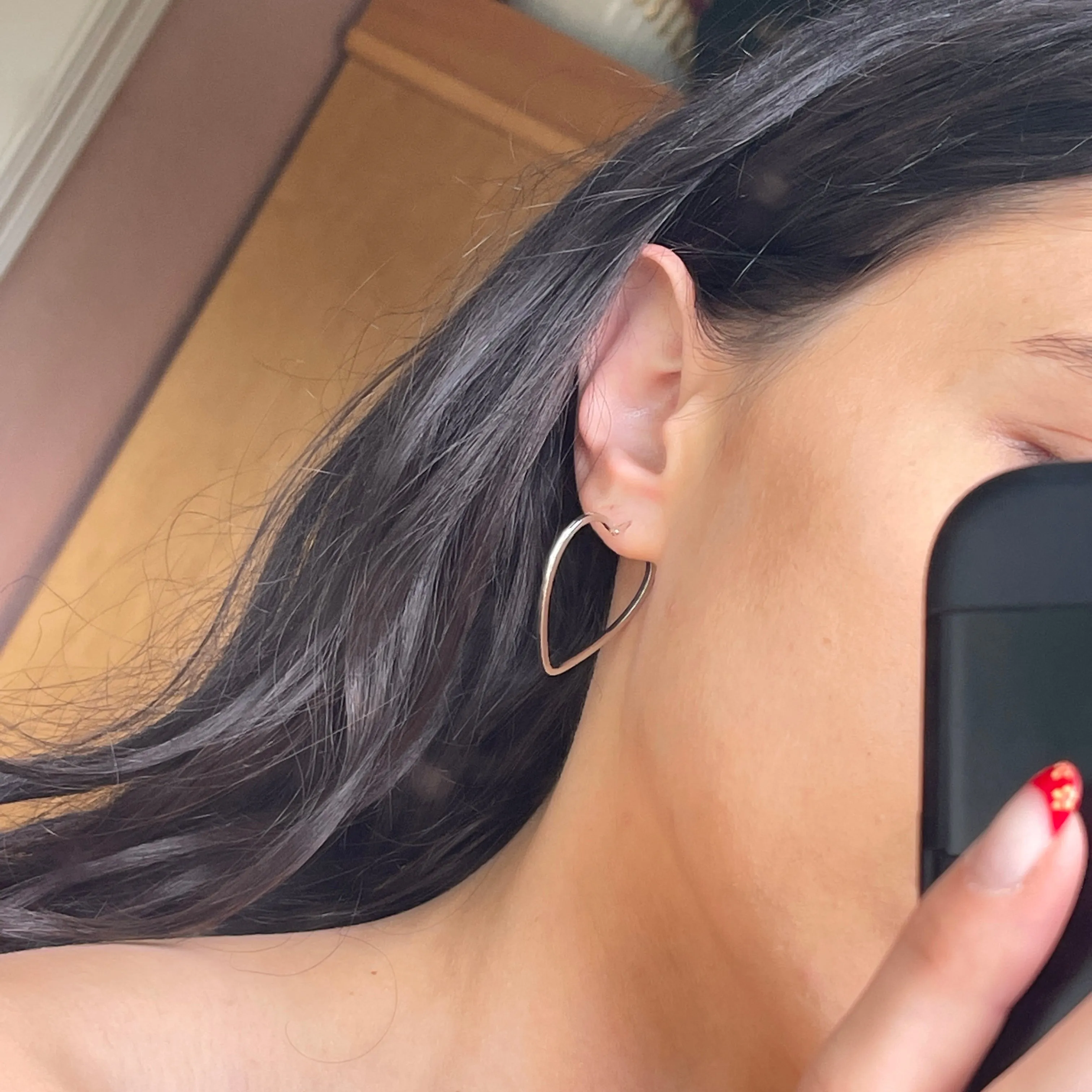 14KT White Gold Thin Open Heart Hoop Earrings 30mm