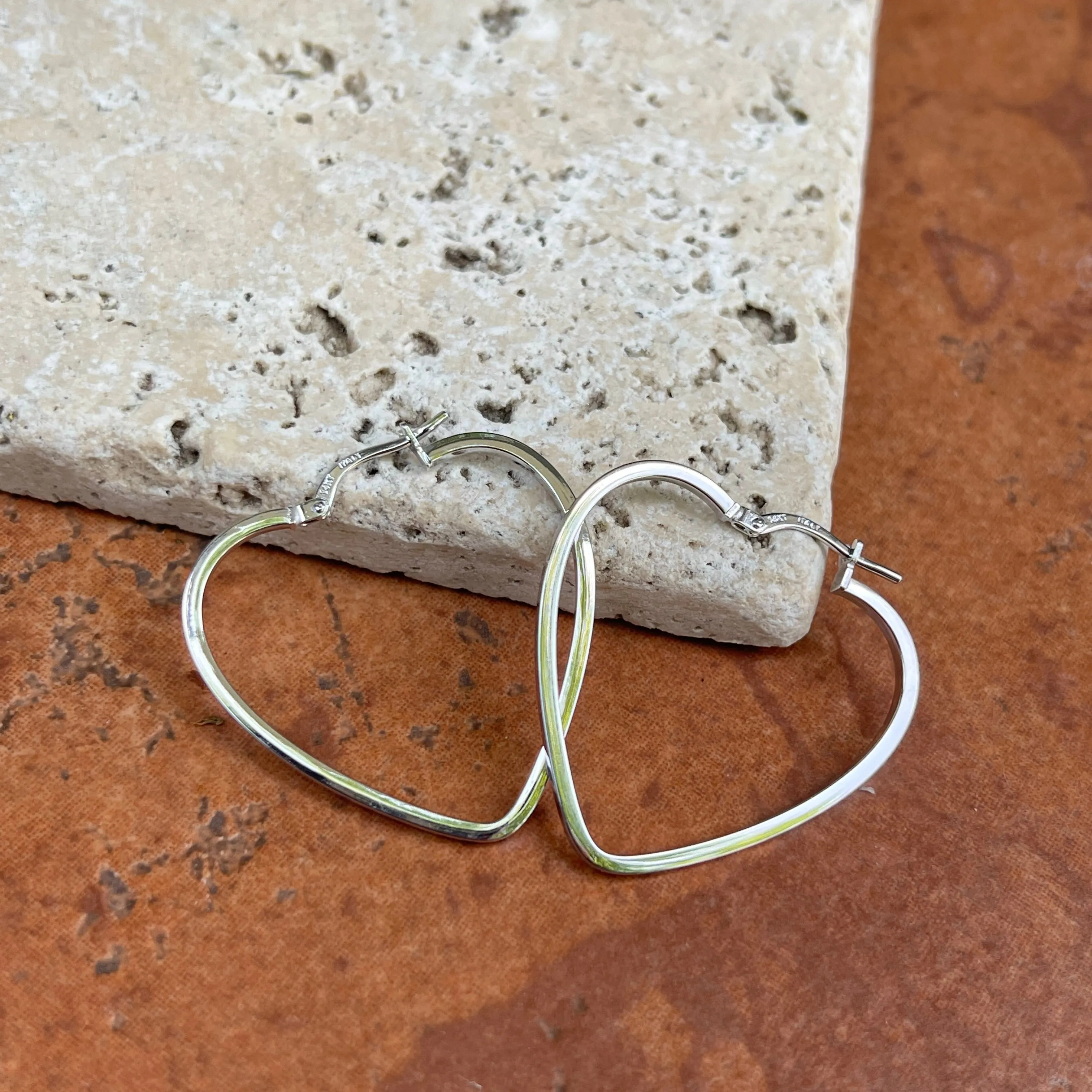 14KT White Gold Thin Open Heart Hoop Earrings 30mm