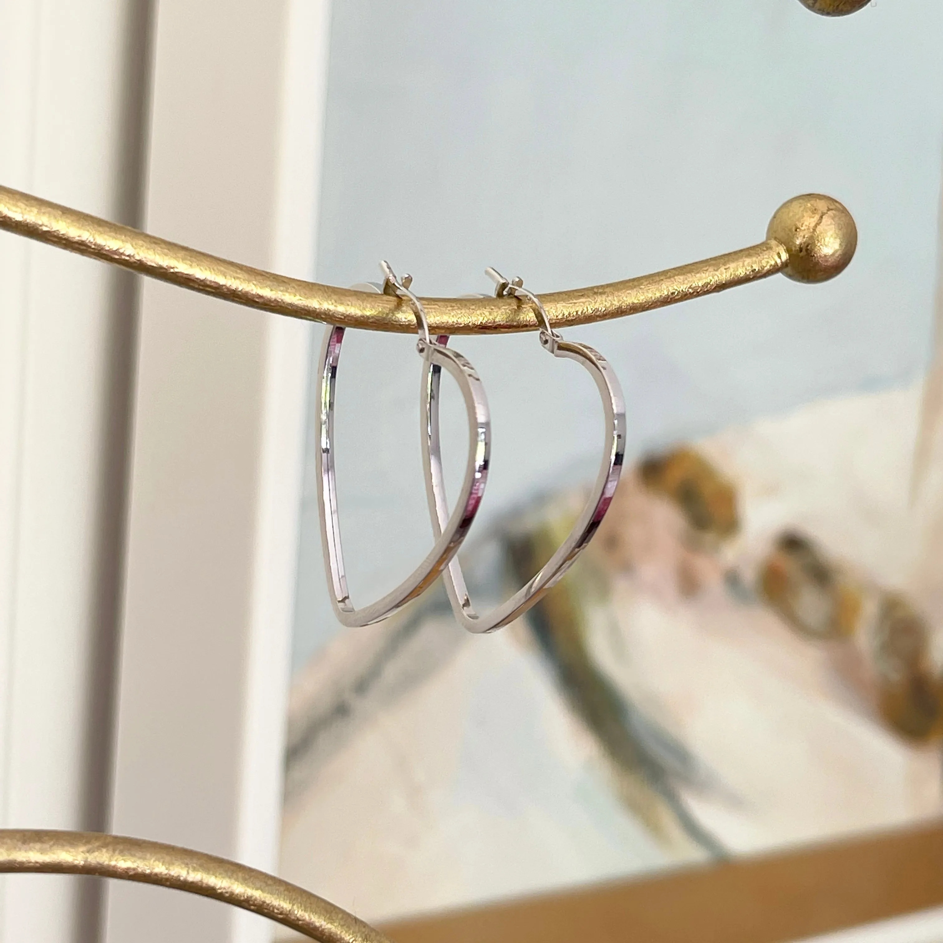 14KT White Gold Thin Open Heart Hoop Earrings 30mm