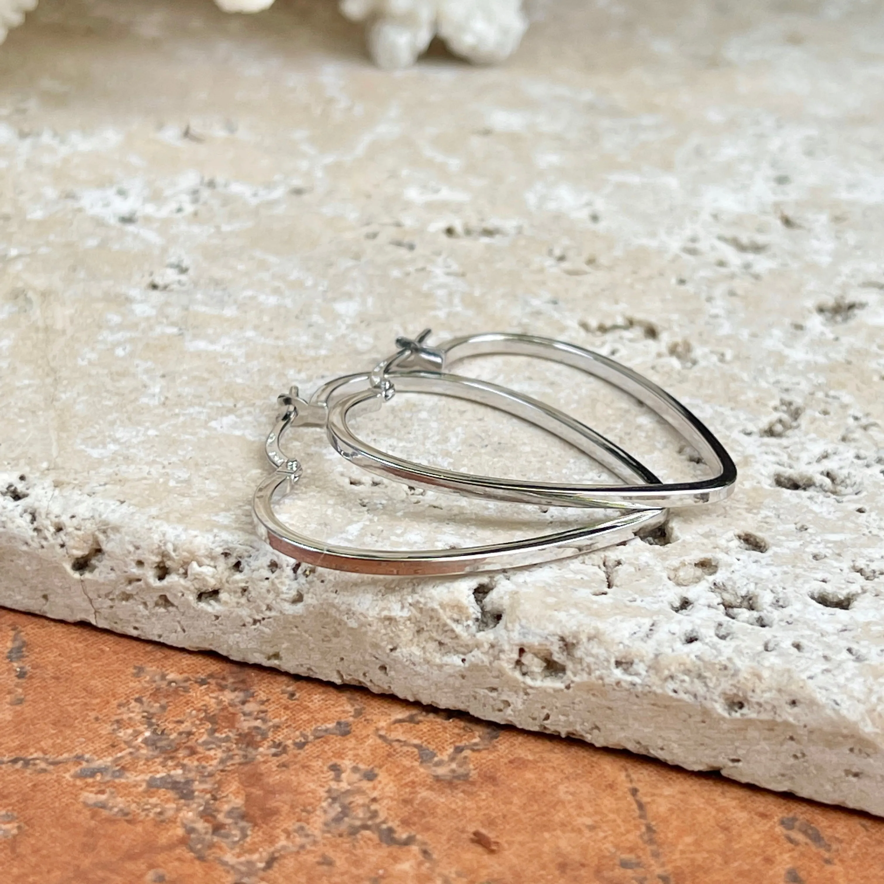 14KT White Gold Thin Open Heart Hoop Earrings 30mm