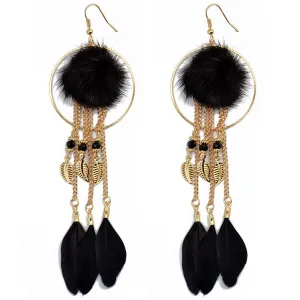 18K Gold-Plated Feather & Pompon Leaves Dangle Earring