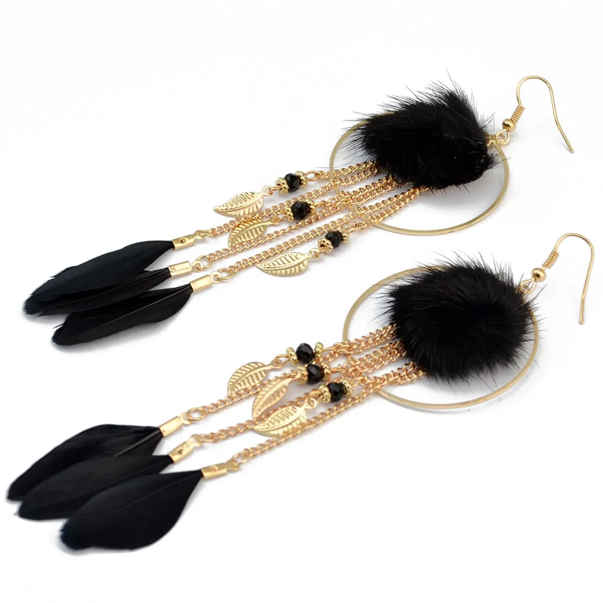 18K Gold-Plated Feather & Pompon Leaves Dangle Earring