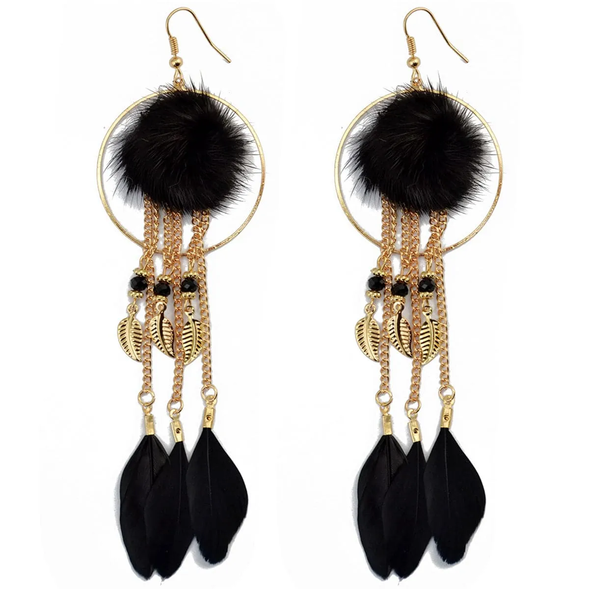 18K Gold-Plated Feather & Pompon Leaves Dangle Earring