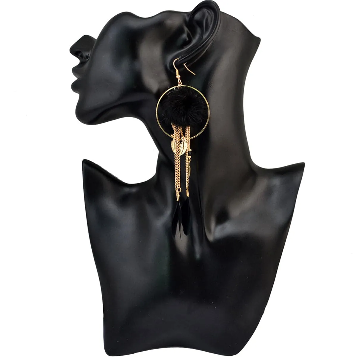18K Gold-Plated Feather & Pompon Leaves Dangle Earring