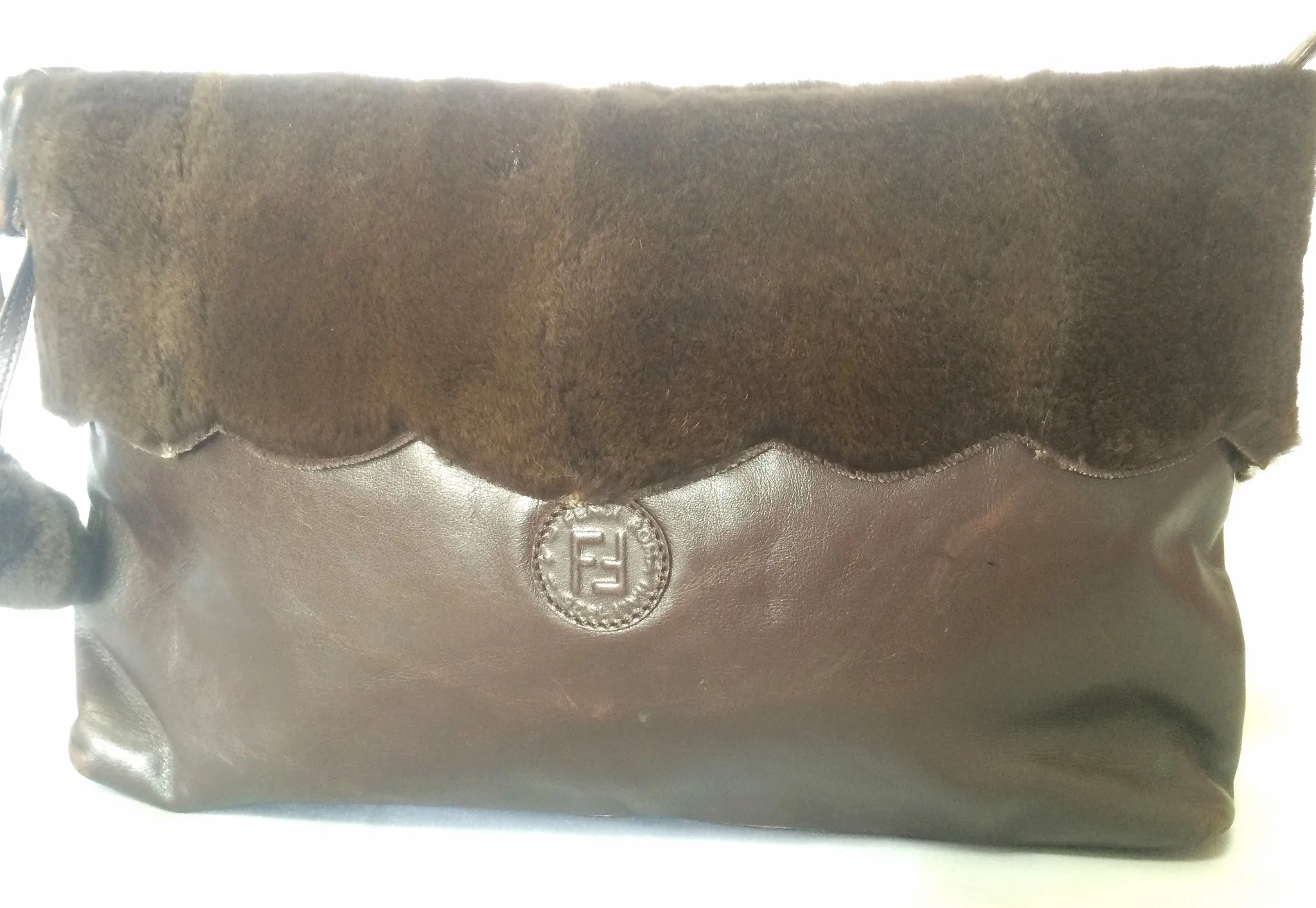 80's vintage Fendi dark brown large leather clutch purse, pouch, toiletry bag with genuine rabbit fur collar with pom pom. 060531r6