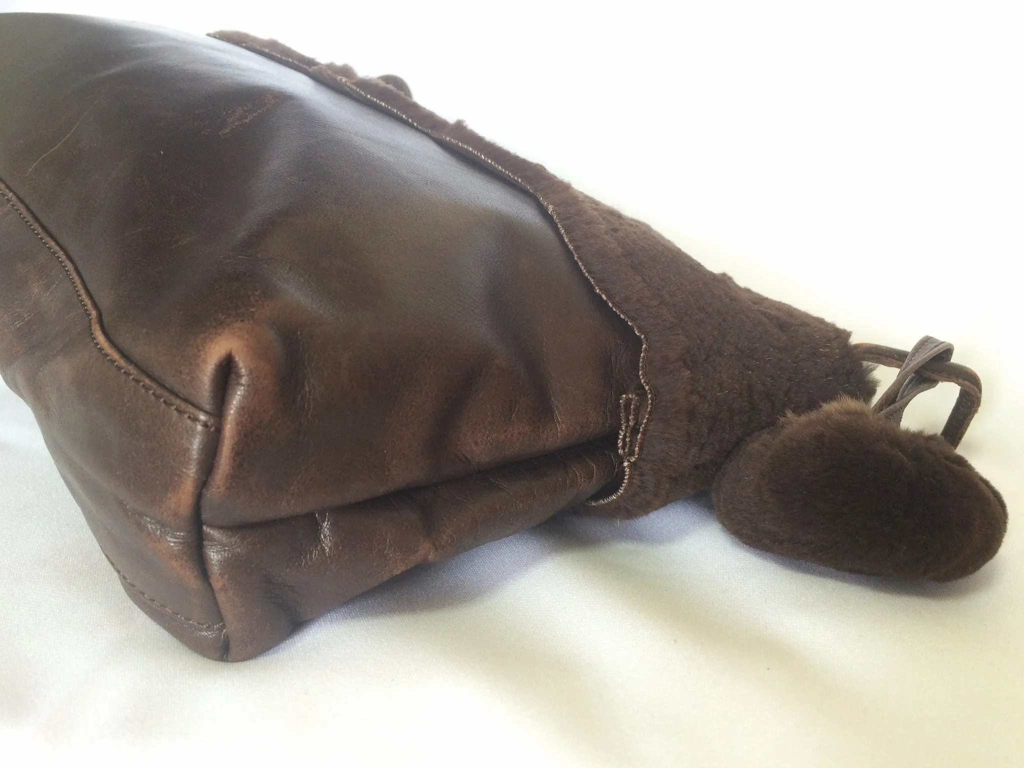 80's vintage Fendi dark brown large leather clutch purse, pouch, toiletry bag with genuine rabbit fur collar with pom pom. 060531r6