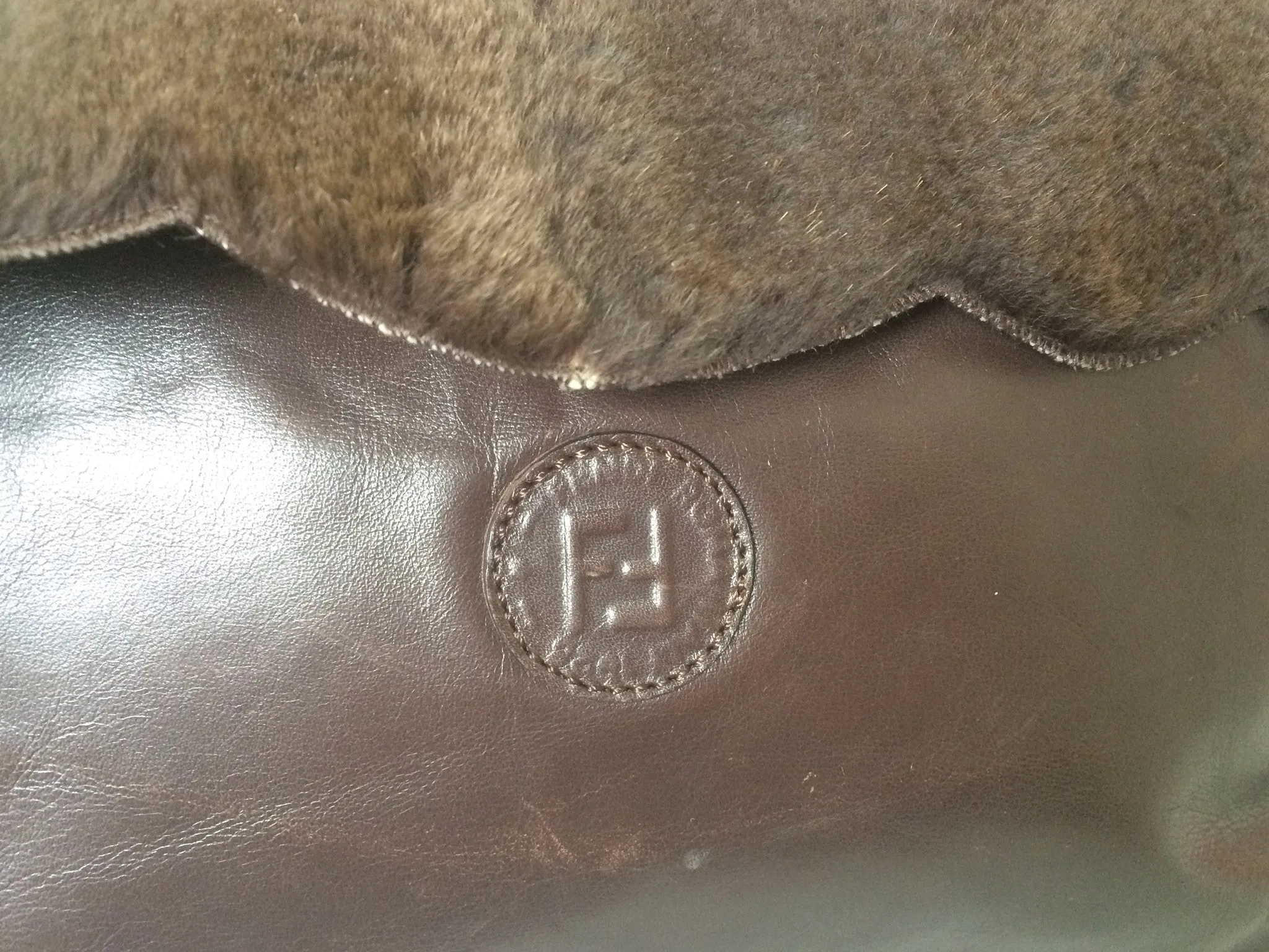 80's vintage Fendi dark brown large leather clutch purse, pouch, toiletry bag with genuine rabbit fur collar with pom pom. 060531r6
