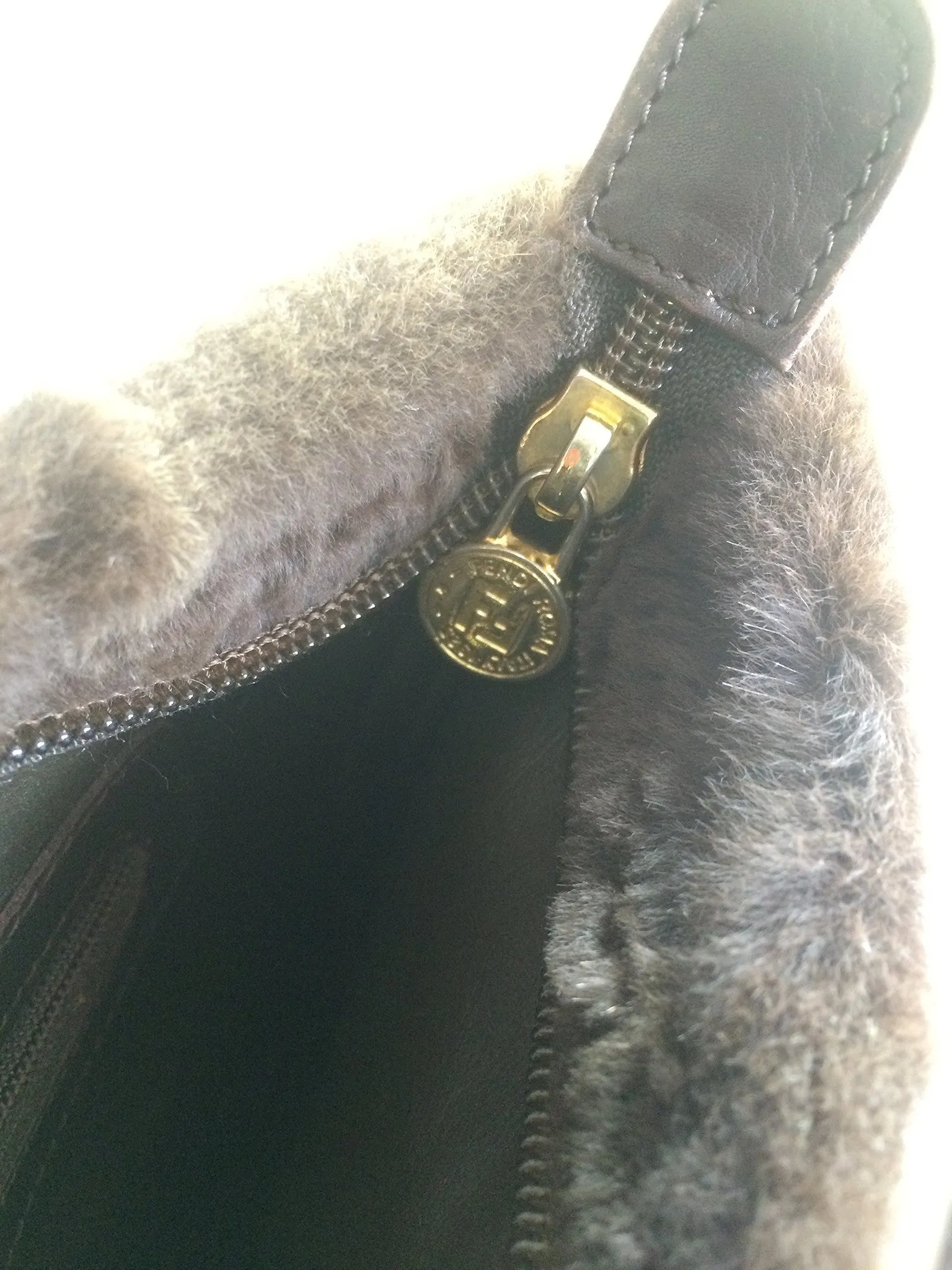 80's vintage Fendi dark brown large leather clutch purse, pouch, toiletry bag with genuine rabbit fur collar with pom pom. 060531r6