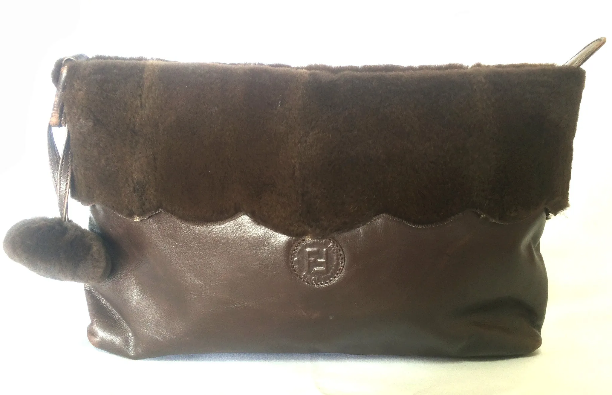 80's vintage Fendi dark brown large leather clutch purse, pouch, toiletry bag with genuine rabbit fur collar with pom pom. 060531r6