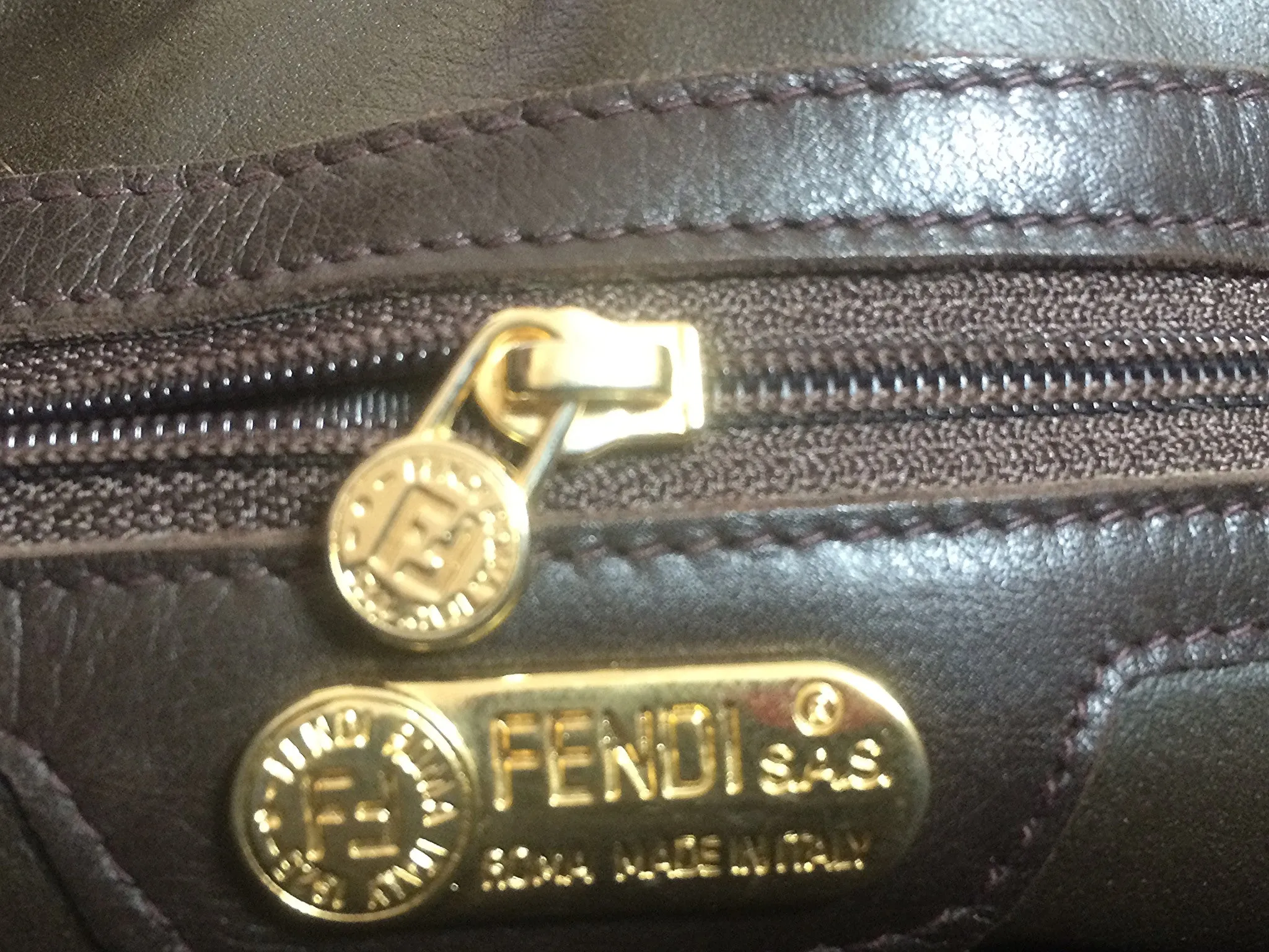 80's vintage Fendi dark brown large leather clutch purse, pouch, toiletry bag with genuine rabbit fur collar with pom pom. 060531r6