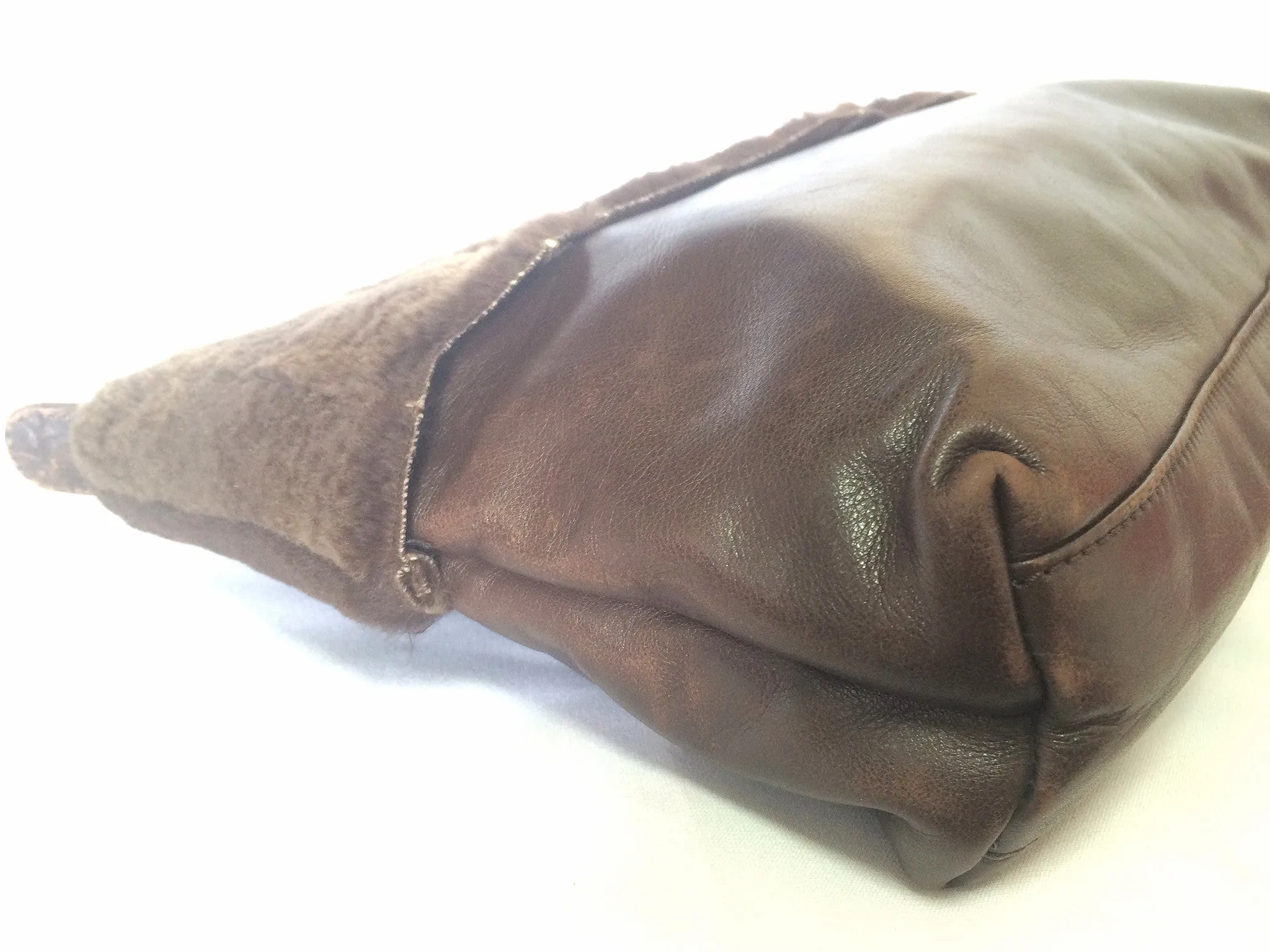 80's vintage Fendi dark brown large leather clutch purse, pouch, toiletry bag with genuine rabbit fur collar with pom pom. 060531r6