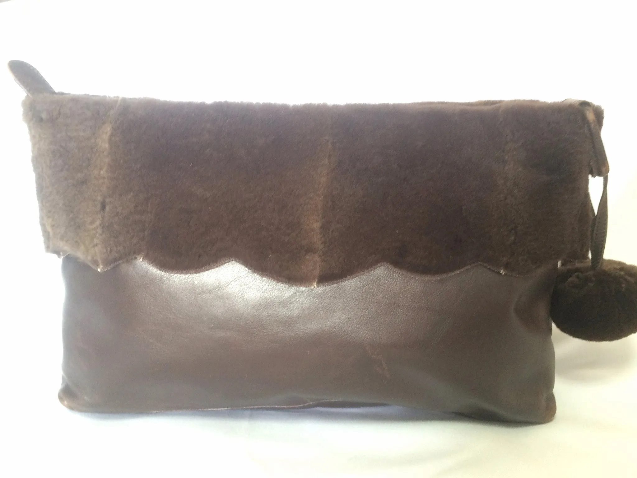 80's vintage Fendi dark brown large leather clutch purse, pouch, toiletry bag with genuine rabbit fur collar with pom pom. 060531r6