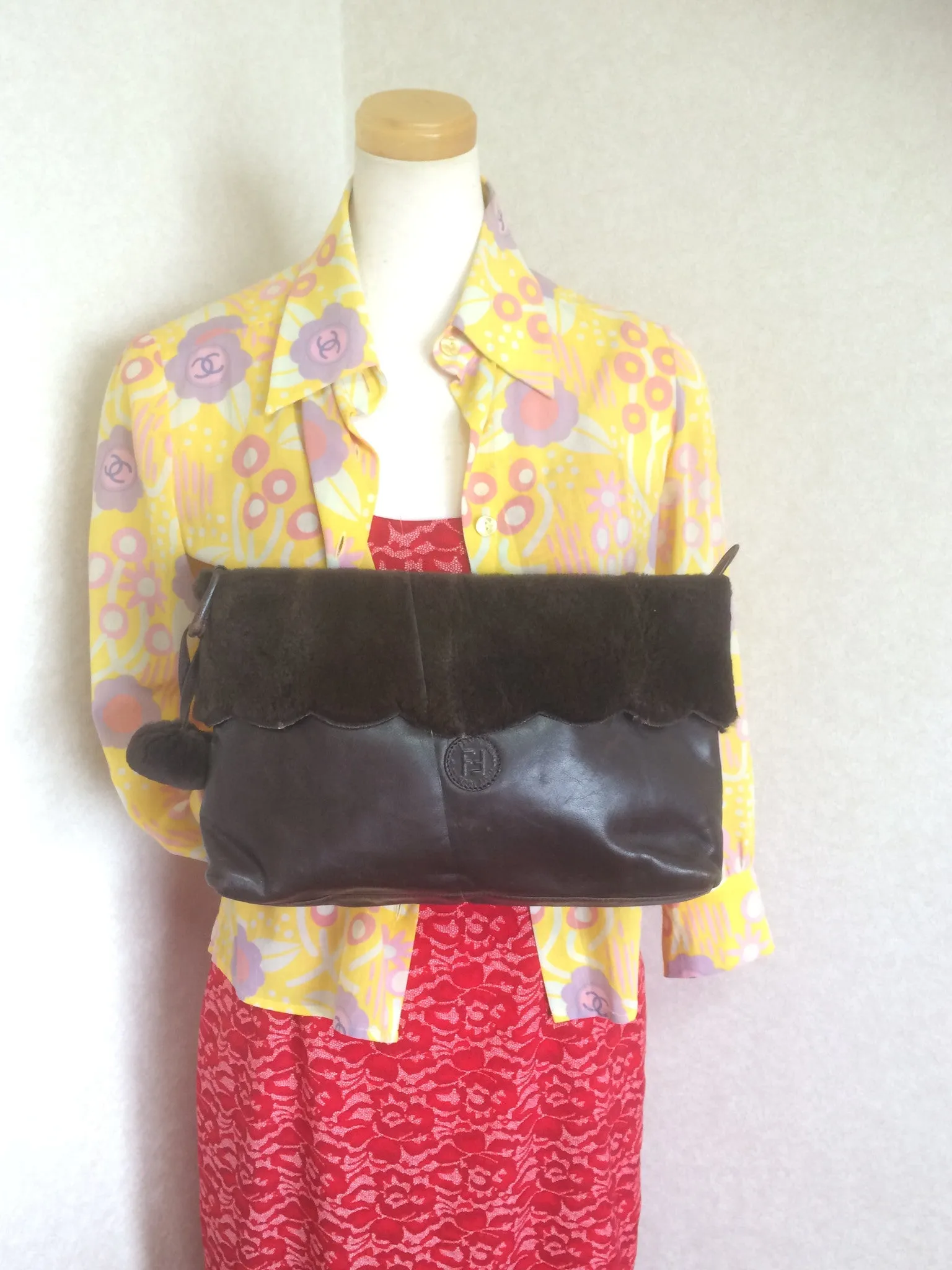 80's vintage Fendi dark brown large leather clutch purse, pouch, toiletry bag with genuine rabbit fur collar with pom pom. 060531r6