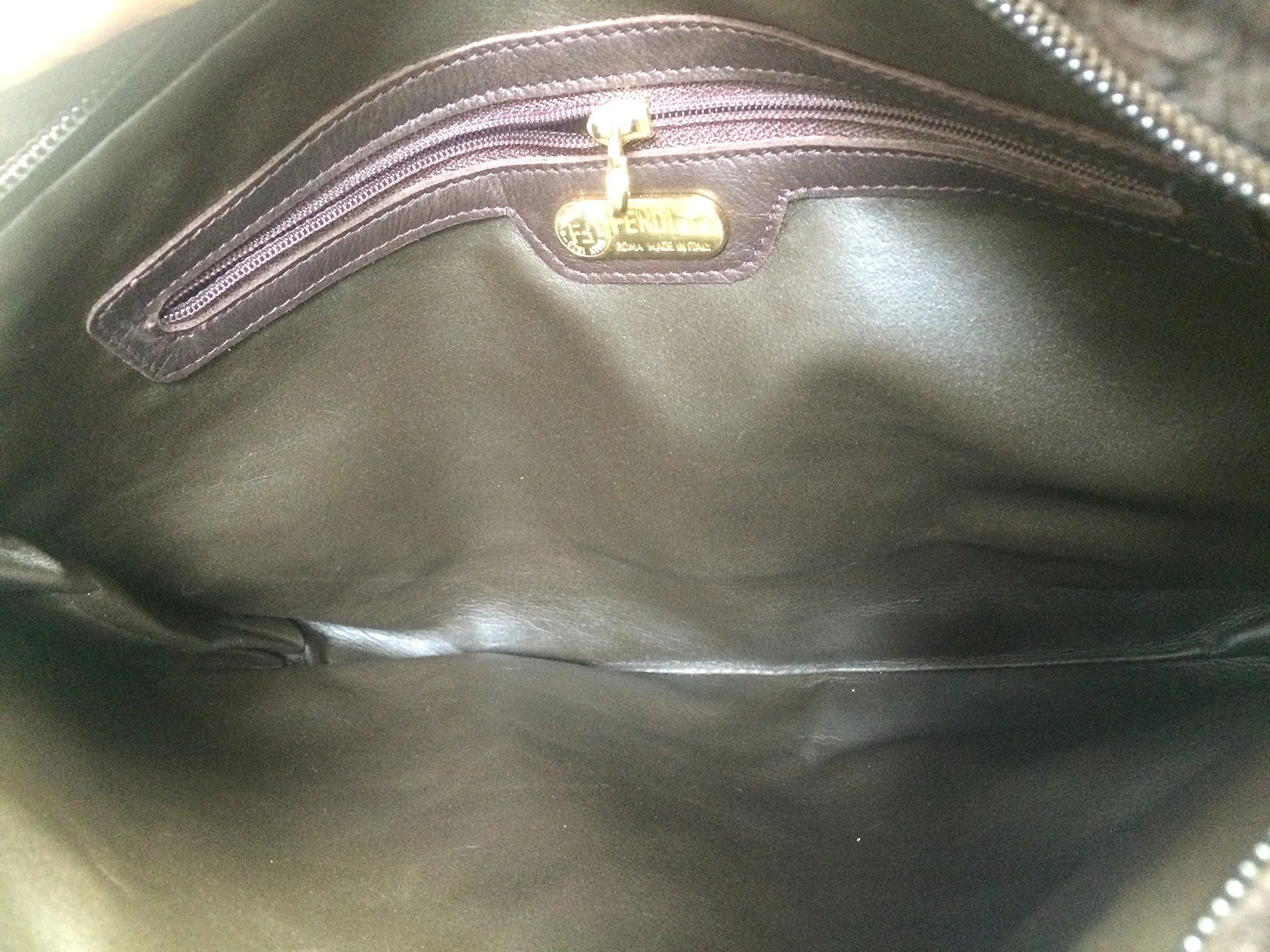 80's vintage Fendi dark brown large leather clutch purse, pouch, toiletry bag with genuine rabbit fur collar with pom pom. 060531r6