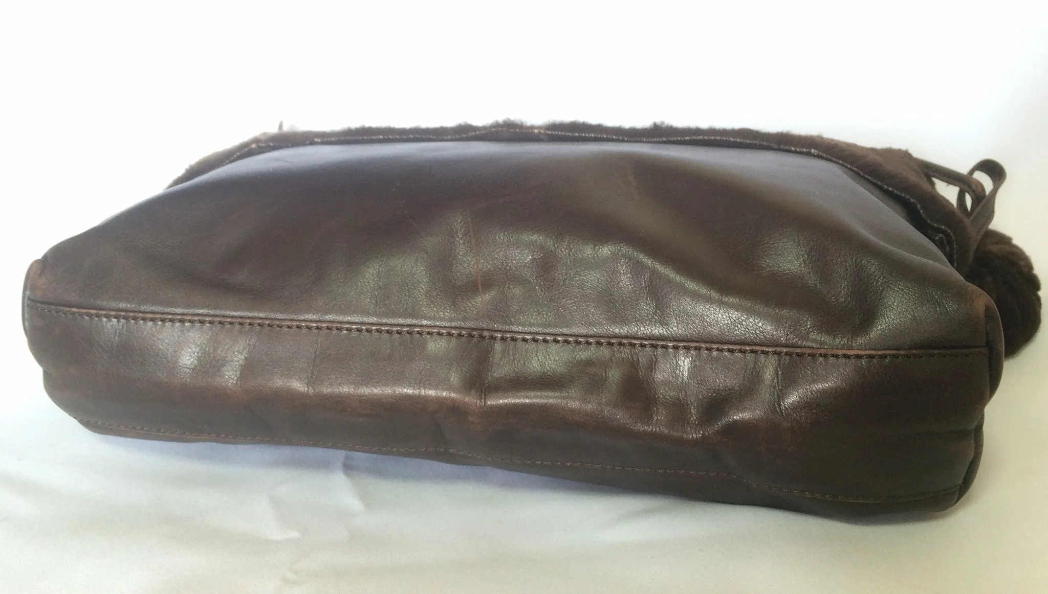 80's vintage Fendi dark brown large leather clutch purse, pouch, toiletry bag with genuine rabbit fur collar with pom pom. 060531r6