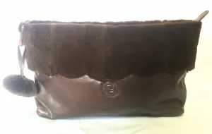 80's vintage Fendi dark brown large leather clutch purse, pouch, toiletry bag with genuine rabbit fur collar with pom pom. 060531r6