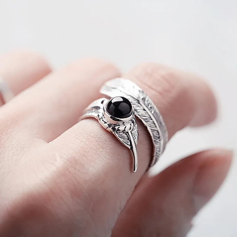 925 Black Stone Feather Ring