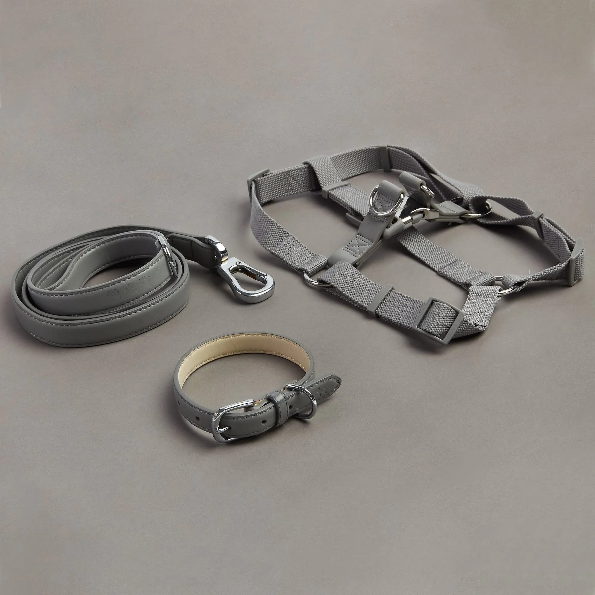 Ash Grey Dog Collar, Harness & Lead Set
