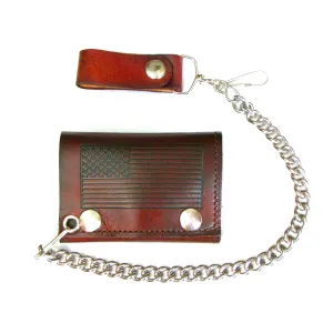 AT304-162  Antique Finish Tri-Fold Wallet w/ Chain- U.S. Flag