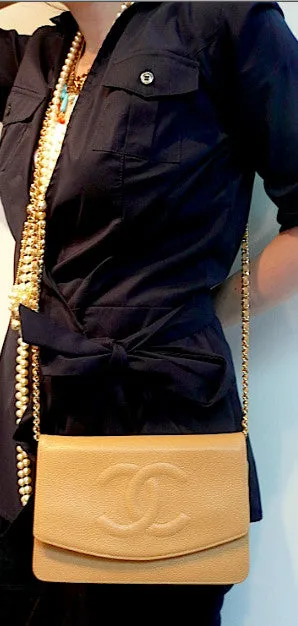 Authentic Chanel Tan Caviar Wallet On Chain (WOC) Handbag