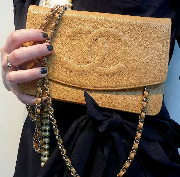 Authentic Chanel Tan Caviar Wallet On Chain (WOC) Handbag