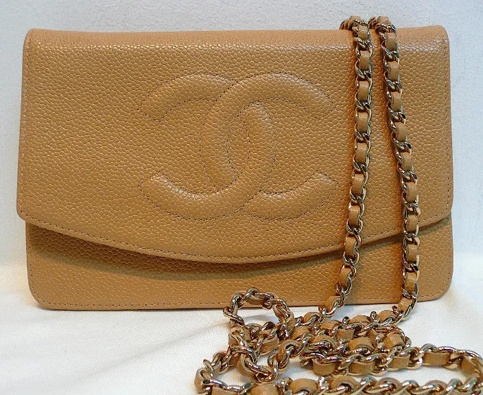 Authentic Chanel Tan Caviar Wallet On Chain (WOC) Handbag