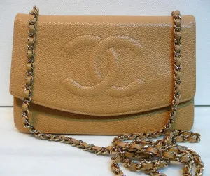 Authentic Chanel Tan Caviar Wallet On Chain (WOC) Handbag