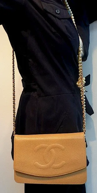 Authentic Chanel Tan Caviar Wallet On Chain (WOC) Handbag