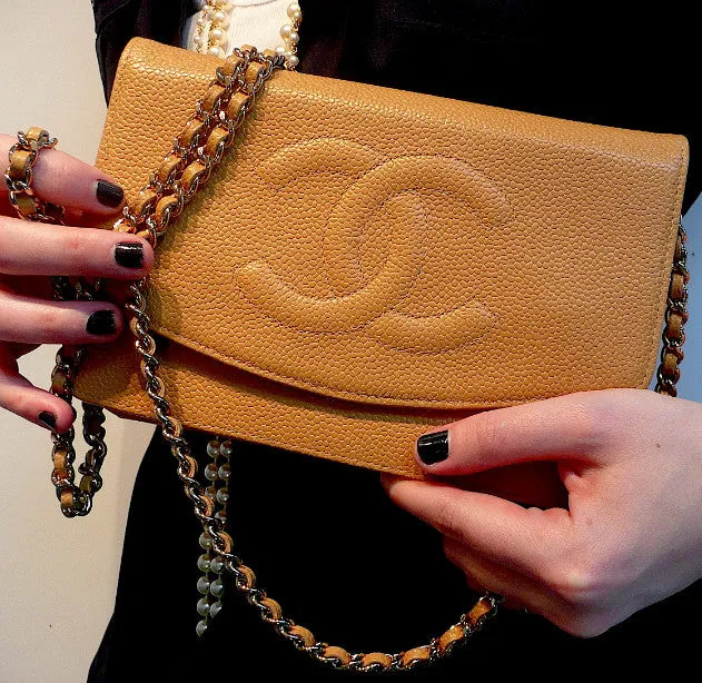 Authentic Chanel Tan Caviar Wallet On Chain (WOC) Handbag