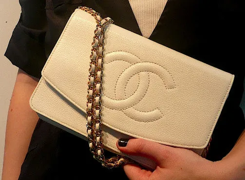 Authentic Chanel White Caviar Wallet On Chain (WOC) Handbag