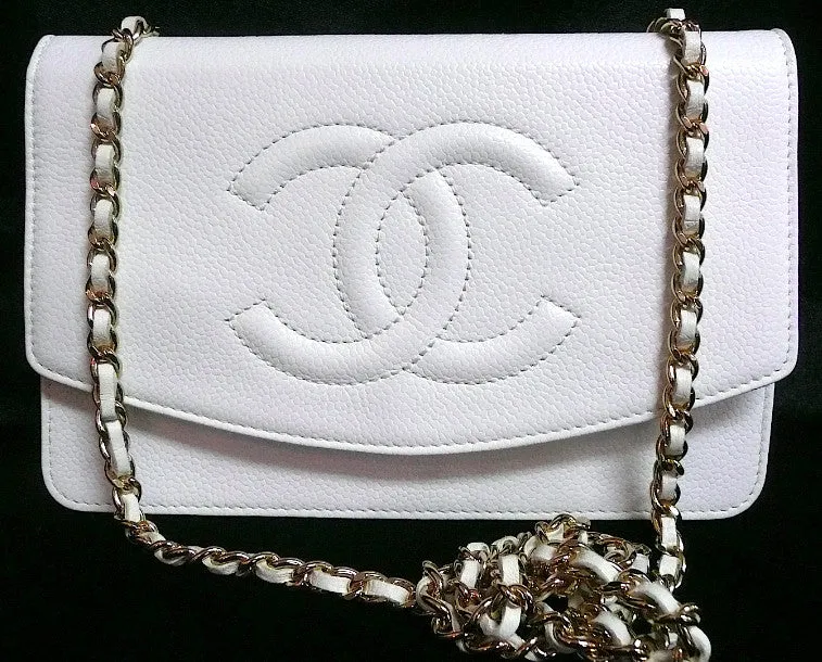 Authentic Chanel White Caviar Wallet On Chain (WOC) Handbag