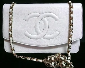 Authentic Chanel White Caviar Wallet On Chain (WOC) Handbag