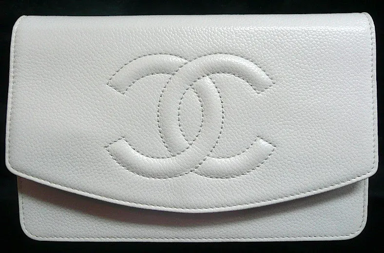 Authentic Chanel White Caviar Wallet On Chain (WOC) Handbag
