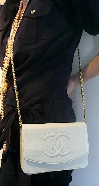 Authentic Chanel White Caviar Wallet On Chain (WOC) Handbag