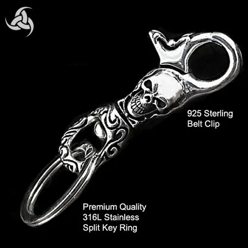 Biker Keychain Heavy Skull Belt Clip Sterling Silver Wallet Connector