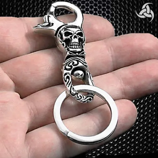 Biker Keychain Heavy Skull Belt Clip Sterling Silver Wallet Connector