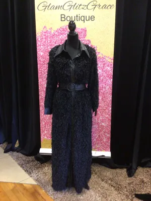 Black Faux Fur Feather Trench Coat