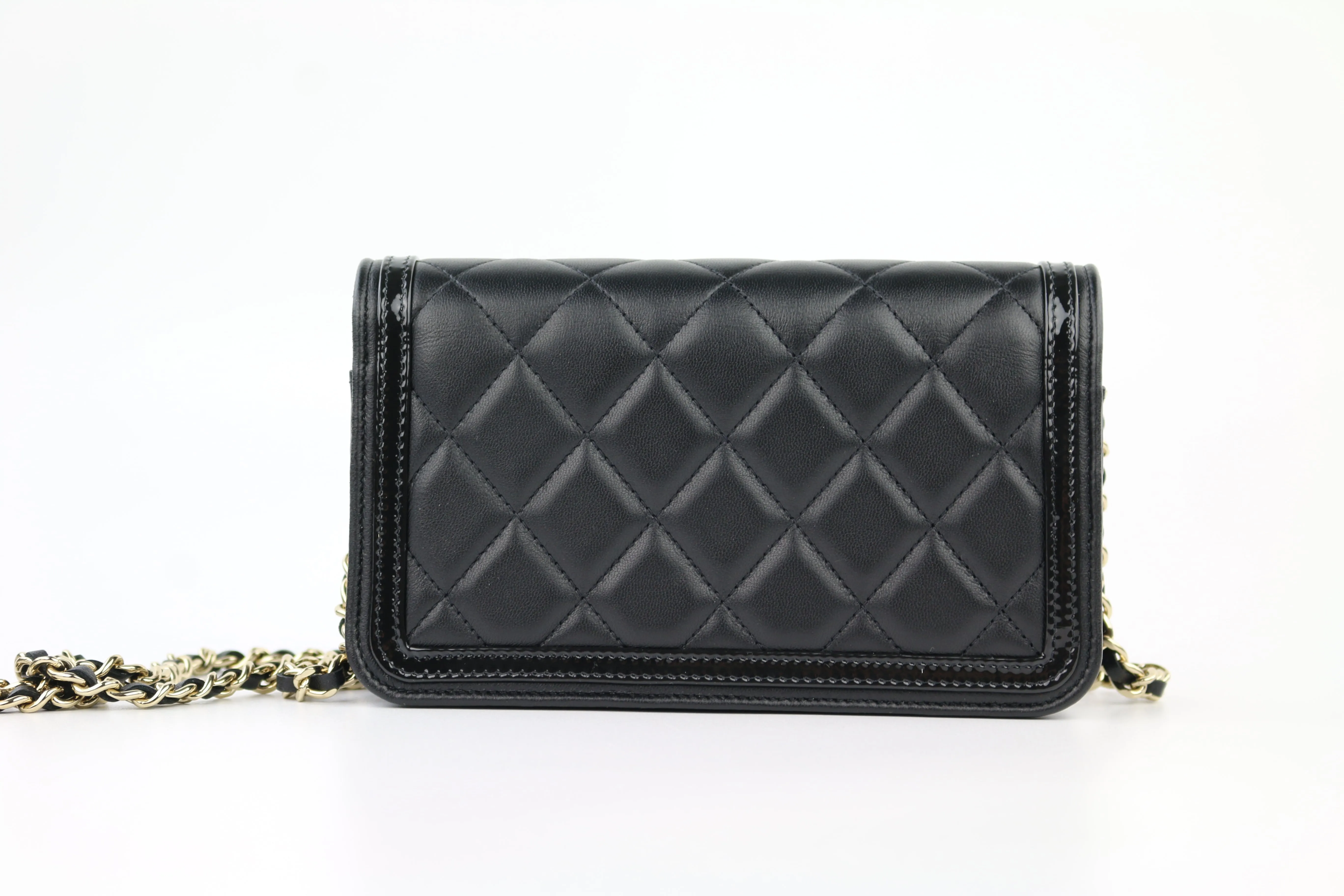 Black Patent/Calfskin Phone Holder on a Chain