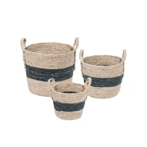 Blue Stripe Natural Baskets, Set Of 3